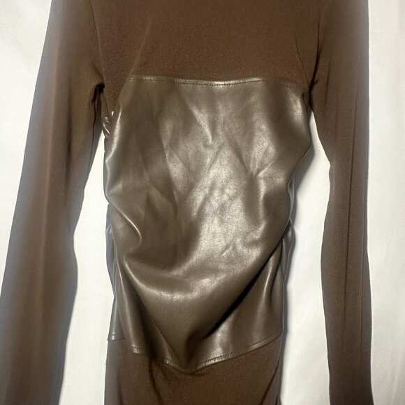 NWT Commense PU Leather Panel Long Sleeve Mini Dress Brown XS Bodycon - Picture 3 of 3